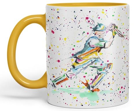 Vixar Cricket Sport Sportsmen Watercolour Ceramic Coloured Mug Cup for Tea Coffee Hot Brew 330ml 11Oz Gift (G Yellow)