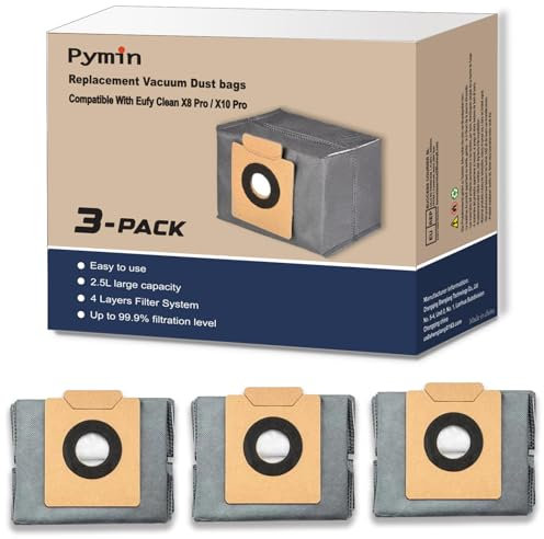 Pymin Lot de 3 sacs à poussière pour aspirateur Eufy Clean X10 Pro Omni /X8 Pro SES /X8 Pro Robot Aspirateur Station auto-vide, grande capacité de 2,5 L, sac de rechange jetable pour accessoires