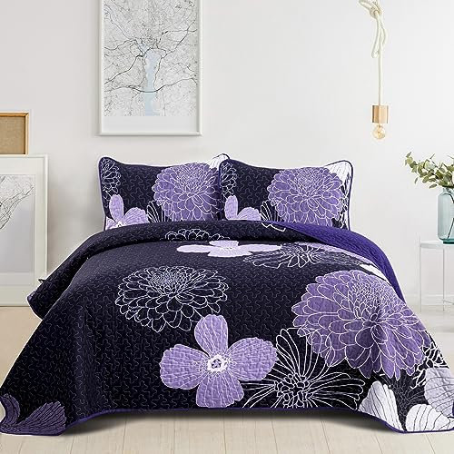 WONGS BEDDING Tagesdecke 240x260 Lila Blumen Bettüberwurf Weiche Sommerdecke Gesteppte Decke für Doppelbett Mikrofaser Bettdecke mit 2 Kissenbezug 48x75