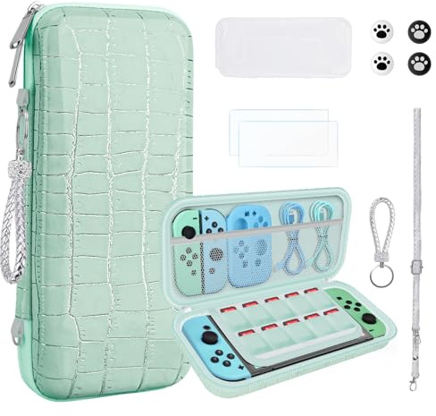 JYPS 10 in1 Tasche für Nintendo Switch OLED, Neue Krokodil Textur Hartschalentasche Switch Hülle Cover, Grüner Reisetasche Switch Schutzhülle Aufbewahrung für Spielkarte, Konsole & Zubehör(Grün)