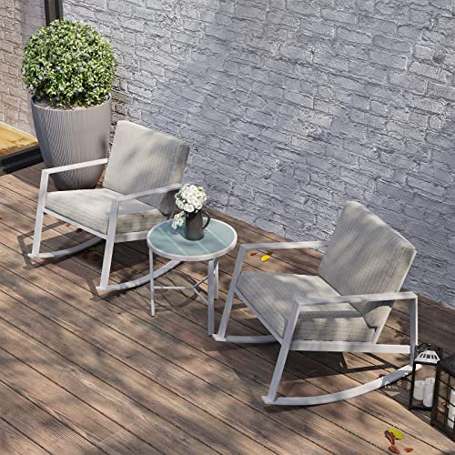 Outdoor Schaukelstuhl-Set mit grauem Kissen, Bistro-Möbel, Terrassen-Schaukelstühle, robuster Kunststoff, Holzplatte, Tisch für Hinterhof, Veranda, Beige, 3-teilig