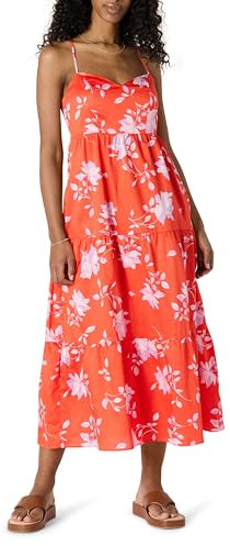 Amazon Essentials Robe Longue à Volants en Satin de Coton, Taille Empire, Coupe Ajustée et Évasée Femme, Orange Lilas Pastel Rose Grand, L