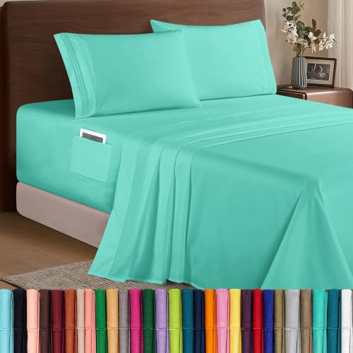 Elegant Comfort Luxury 1500 Premium Hotel Quality Microfiber 4-Piece Sheet Set - Soft, All Around Elastic 18-24 Inches Deep Fitted Sheet - Extra Deep Pocket Sheets, Queen, Paradise Teal