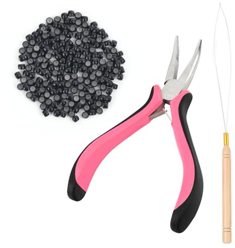Vlasy Hair Extensions Tools Kit,Professional Tools With Hair Extension Pliers Pink,Loop Threader and 100PCS 3.0mm Silicone Hair Extension Rings Beads Links (Black)