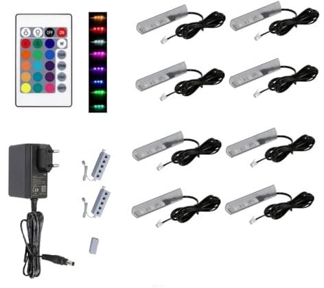QLS LED RGB Set Glaskantenbeleuchtung Clip 12V mit Fernbedienung 16 Farben Dimmbar (Schwarz, 8 Stück)