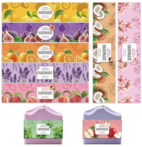 PH PandaHall 90pcs Aquarell Seife Wrappers, 9 Styles Realismus Obst Pflanze Seife Etiketten Seife Verpackung Papier Handwerk Wrapper für handgemachte Seife Lotion Bars Bad Geschenkverpackungen, 21x5cm