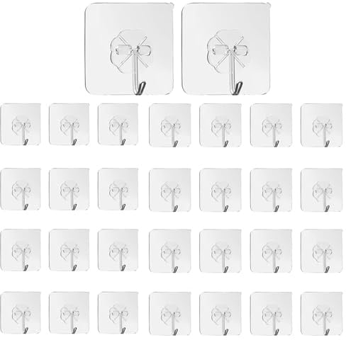 CMASTER Selbstklebend Haken bis 15 kg, 30 Stück Transparente Selbstklebende Haken ohne Bohren, Wasserdicht & Rostfrei, Mehrzweckhaken für Bad, Küche, Bad & Outdoor