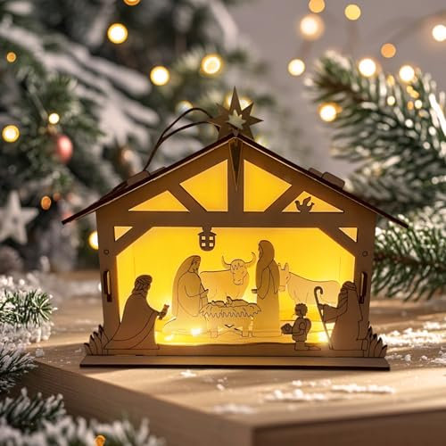 Weihnachtsdeko Beleuchtet,Holz Weihnachtskrippe mit Beleuchtung LED Weihnachtsbeleuchtung Weihnachtskrippe Komplettset Kinder Krippe Weihnachten mit Lichterkette Batterien für Weihnachtsdeko Innen (A)