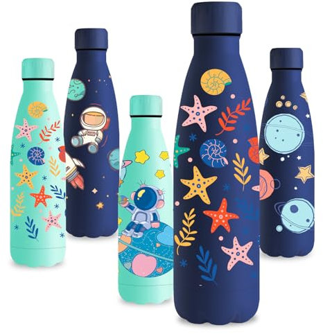 Vikastar Botella Termica, 0.5L Sin BPA, Botella Agua Acero Inoxidable, Reutilizable, Cantimplora, a Prueba de Fugas, Doble Aislamiento, Botella de Agua para Niños, Deportes, Azul Oscuro-Mar Estrella