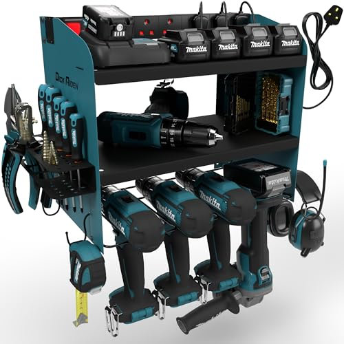 Toolganize Power Tool Organiser, Storage Rack with Power Strip Charging Station, Compatible with Makita, Heavy-Duty for Workshop & Garage Tools - 4 Slot, Blue.
