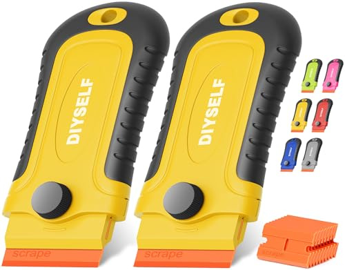 DIYSELF 2er Pack Kunststoffschaber, 10 Plastikklingen, Klebereste Entferner | Kunststoffspachtel, Aufkleber Entferner und Etikettenentferner mit Drehknopf und Klingenfach für Glas, Auto und Fenster, Gelb