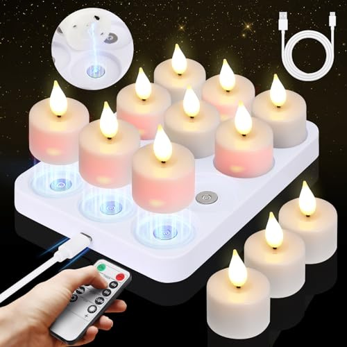 Besight Wiederaufladbare LED Teelichter 12er Set, Magnet‑Ladestation, Timer | Flackernder Flammeneffekt, LED Kerzen mit 2 Fernbedienungen, ideal für Tischdeko, Partys, Weihnachten und Halloween