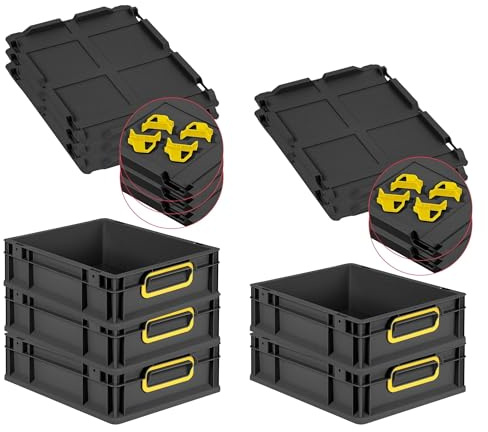 PROREGAL SparSet 5x Eurobox NextGen Color mit Auflagedeckel & Schiebeschnappverschlüsse, HxBxT 12x30x40cm, 11L, Schwarz, Griffe gelb geschlossen, Eurobehälter, Transportbox, Transportbehälter