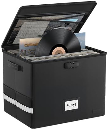 Gemsaya Schallplatten-Aufbewahrungsbox | Für 150+ Vinyls, mit Schloss | Feuerbeständiger, wasserabweisender Plattenkoffer für LP-Schallplatten und wertvolle Alben, tragbare Vinyl-Aufbewahrung