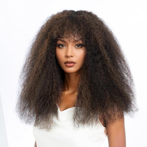 Rebecca Fashion Afro-Perücke mit Pony, Echthaar, minimalistisch, 6,3 x 2,5 cm, Spitzen-Perücke für Damen, klebefrei, zum Tragen und Mitnehmen, Schwarz gemischte braune Farbe