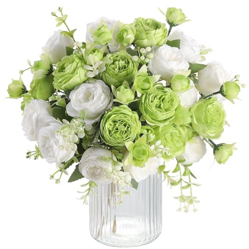Floweroyal 4 Bündel Pfingstrosen Künstliche Blumen Grüne Weiße Blumen Seiden-Pfingstrosen Sträuße für Hochzeitsfeier Tisch Mittelpunkte Blumenarrangement Wohnküche Dekor