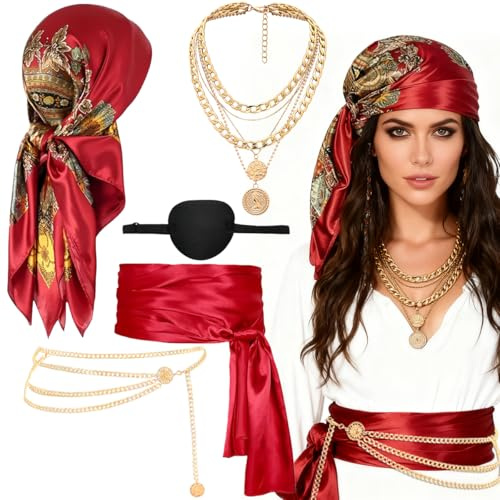 QIMMU 5 Stück Piratenkostüm Damen,Piraten Kostüm Frauen,Karneval Kostüm Damen,Accessories Kopftuch,Hüfttuch,Taillenkette,Augenklappe,Halskette,Mittelalter Piratenkostüm Zubehör Set