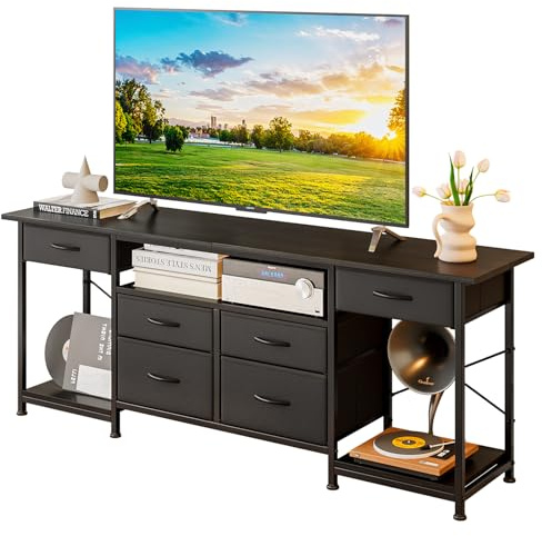 Wooruy TV Unit Stand Cabinet for TV up to 75 inch,Length 160cm Media Console Table Chest of Drawers with 6 Fabric Drawer,Entertainment Center with Open Storage Shelves for Living Room,Bedroom (Black)