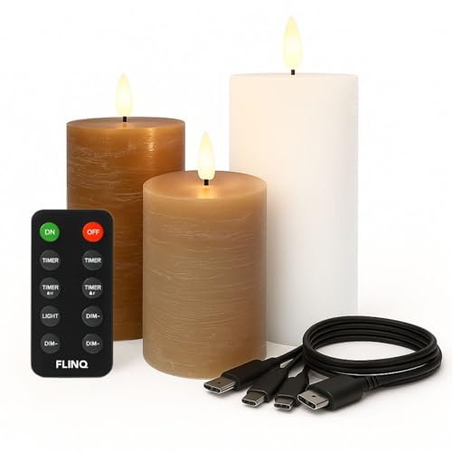 FLINQ Wiederaufladbare LED-Kerzen - 3 Stück - Urban Nights | Lebendige Flamme - Fernbedienung mit Timer und Dimmfunktion - Echtwachs Stumpenkerzen
