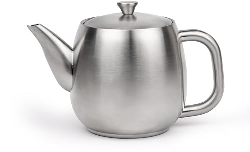 Bredemeijer kleine Edelstahl Teekanne 0,9 Liter - silber-matte doppelwandige Kanne inklusive wiederverwendbaren Teefilter - für länger, warmen Teegenuss