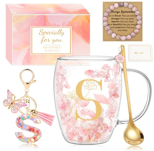 MOTONG Birthday Gifts for Women Glass Coffee Mug, Double Wall Espresso Tea Cups with Letter S Printing, Personalised Gifts for Women Ladies Christmas Valentine's Day Mother's Day with Spoon Bracelet