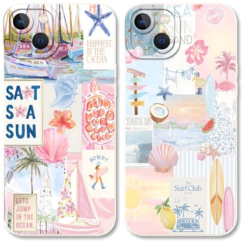 Niokfrci 2 Stück Sommer Ozean Handyhülle für iPhone 13 Hülle 6,1, Aesthetic Meer Collage Blumen Seashells Schildkröte Muster Design Mädchen Schutzhülle Kameraschutz Stoßfest Silikon Weiß TPU Case