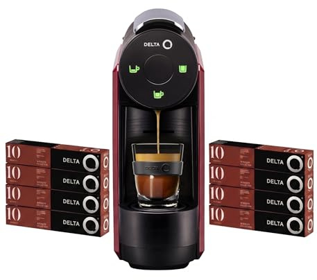 Delta Q - Pack Cafetera con Cápsulas - Mini Qool Roja - Para Cafés, Té y Bebidas Calientes - Sencilla y Práctica - Diseño Elegante - Incluye 8 Blíster x 10 Cápsulas de Qalidus (Total 80 Cápsulas)