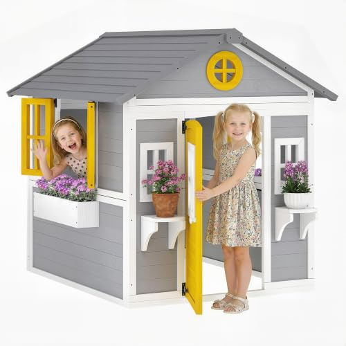 Outsunny Kinderspielhaus aus Holz Outdoor mit Fenster, Tür Gelb | Blumenregal, Pflanzenkasten, Gartenhaus, für Kinder 3-8 Jahre