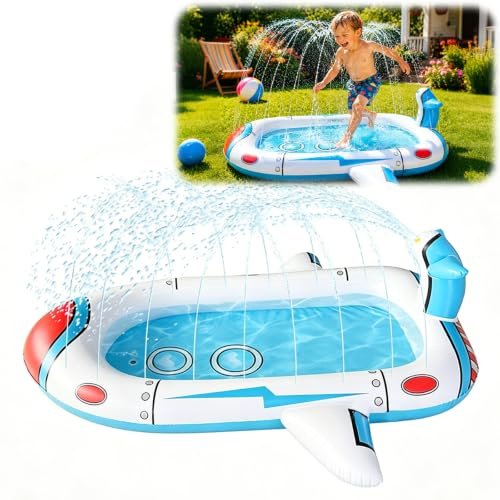 Panemy Piscina gonfiabile per bambini, Piscina con irrigatore e fontana, gioco d'acqua all'aperto da giardino, famiglia (blu bianco, 180 x 160 cm)