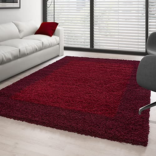 Carpettex Teppich Hochflor Shaggy Flokati Modern Bordüre Design 160 x 230 cm Rot - Weich Flauschig Waschbar für Wohnzimmer, Schlafzimmer, Esszimmer, Küche, Diele