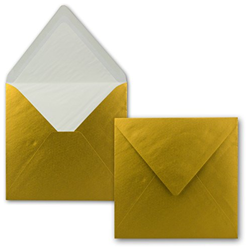 25x Briefumschläge Quadratisch 16 x 16 cm in Gold Metallic - Umschläge mit weißem Seidenfutter - Kuverts ohne Fenster & mit Nassklebung - Für Einladungskarten zu Hochzeit und Geburtstag