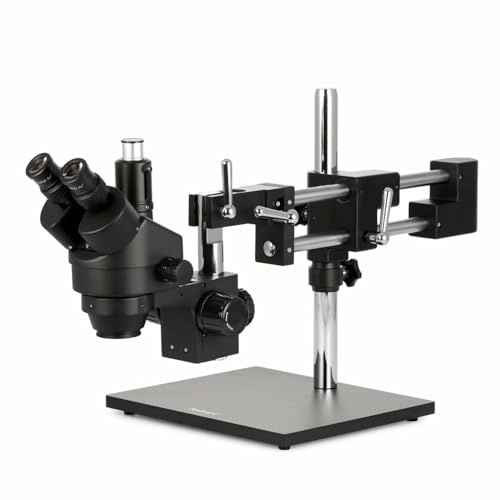 AmScope SM-4TZZ-B Trinokulares Stereo-Zoom-Mikroskop mit Schwarzem Doppelarm-Ausleger, 3.5X-180X, Schwarz