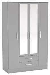 Birlea Lynx 4-Door 2 Drawer Wardrobe with Mirror-High Gloss, Grey