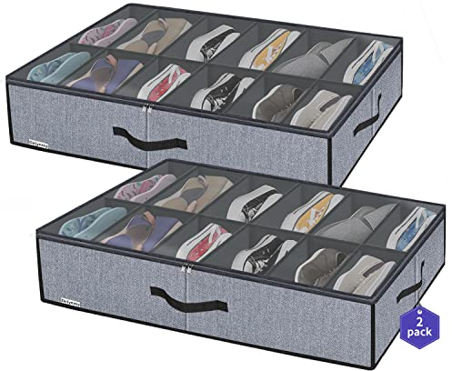 homyfort Juego de 2 bolsas de almacenamiento para zapatos con ventana transparente, organizador de zapatos con 2 compartimentos, caja de almacenamiento para debajo de la cama, lino gris, XDUBSB2P