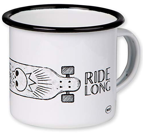 MUGSY Emaille Tasse, Ride Long Longboard-Motiv & Spruch, 300ml, leicht & bruchsicher, Longboard