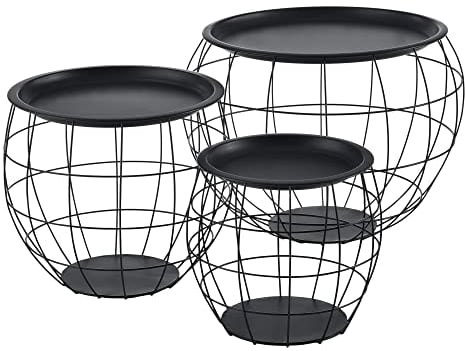 Set de 3X Cestas de Metal con bandejas extraíbles Mesa Baja Mesa Auxiliar para Almacenar Mesas de té y café Mesas de Centro Negro