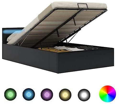 vidaXL Stauraumbett Hydraulisch LED Polsterbett Doppelbett Bett Schlafzimmerbett Kunstlederbett Bettrahmen Bettgestell Lattenrost Schwarz 140x200cm