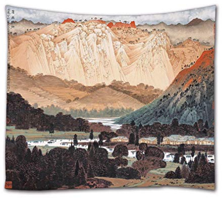 A.Monamour Wandteppich Alte Chinesische Stil Malerei Bäume Berglandschaft Tuch Mandala Boho Hippie Psychedelic Tapisserie Wandbehang Wanddekoration Modern Abstrakte Kunst