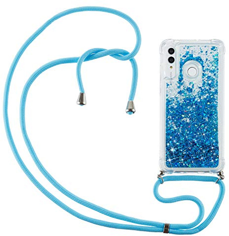 CaseLover Handykette Handyhülle für Huawei P Smart 2019, Glitzer Flüssig Bewegende Treibsand Transparent Silikon Case mit Kordel zum Umhängen Necklace Phone Hülle Band für Honor 10 Lite, Blau