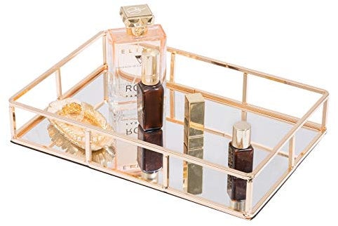 Sasha Morel Tray Mirror, Gold Mirror Tray Perfume Tray Mirror Vanity Dresser Tray Metal Decorative Tray Jewellery Perfume Organizer Makeup Tray for Vanity, Dresser, Bathroom, Bedroom