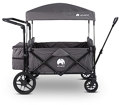 elvent® WagonPro Premium Bollerwagen | Handwagen faltbar mit Dach I 4 Sitzplätze I Sitzpolster, Hecktasche, Off-Road-Reifen, Feststellbremse, 5-Punkt-Gurte I Für bis zu 4 Kinder (Grau)