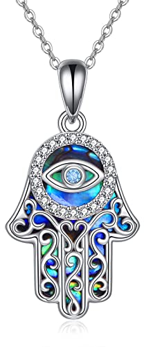 URONE Hamsa Hand Halskette Sterling Silber Böses Auge Fatima Anhänger Halskette Abalone Muschel Schutz Amulett Schmuck Geschenk für Frauen