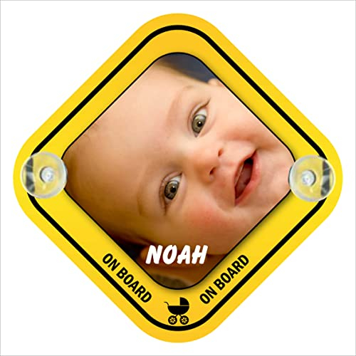 INDIGOS UG - Saugnapf-Schild - Baby on Board - Auto - mit Foto individuell Bedruckt Motiv - Maße: 16 x 16 cm selbst gestalten personalisierte Geschenk-Idee - mit eigenem Wunschtext - Baby Kind