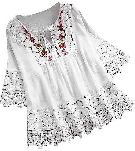 WINDEHAO Blusa de lino y algodón para mujer, tallas grandes, tallas S-5XL, elegantes camisas de encaje con flores bordadas, blusas con cordones huecos