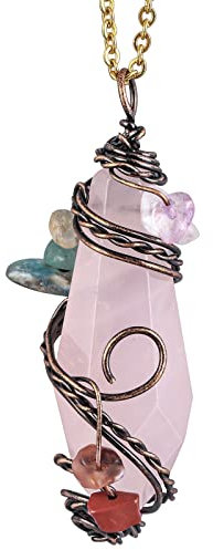 TUMBEELLUWA 7 Chakra Stone Pendant Necklace for Unisex Faceted Teardrop Crystal Point Pendant with Black Cord, Rose Quartz, rose quartz stone