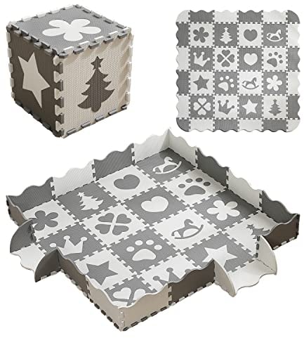 MUSOLEI Puzzlematte Baby Puzzle Matte Boden Kinder Spielmatte Kinderspielteppich mit Zaun Eva Schaumstoff Schadstofffrei Grau XXL Krabbelmatte 36 Stücke rutschfest 142×142×1cm, Modell 05