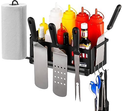 Griddle Caddy for Blackstone Griddle Accessories, Space Saving Blackstone Caddy for Blackstone 28/36 Griddles/Weber Grill, BBQ Accessories Storage Box with Magnetic Tool Holder & Paper Towel Holder