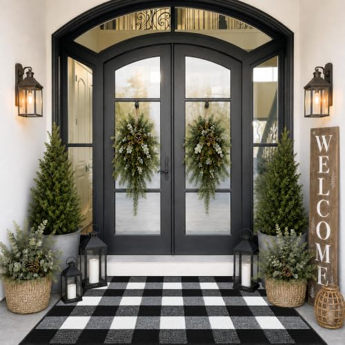 Buffalo Plaid Outdoor-Teppich, 69.8x109.2 cm, kariert, Haustürmatte, rutschfest, saugfähig, Eingangsteppich, Fußmatte, Innenbereich, waschbar, Veranda/Veranda/Bauernhaus, Schwarz und Weiß