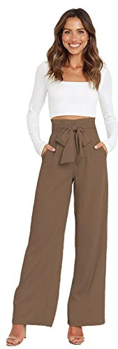 Odizli Paperbag Hosen Damen Elegant High Waist Culottes Palazzo Hosenrock Lang Weite Hose Sommer Business Festlich Stoffhose Marlenehose Anzughose Schlupfhose Freizeithose mit Gürtel Khaki M