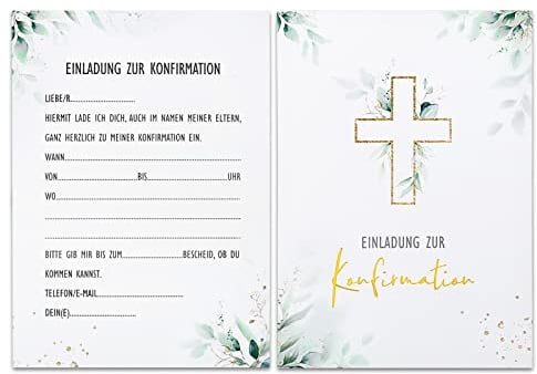 12 x Einladungskarten zur Konfirmation Din-A6 Karten mit Elegantes Blättermotiv und Umschlägen für Einladungen zur Konfirmation Jungen und Mädchen Firmung Dekoration usw.